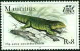 Stamp of Mauritius, with a drawing of a Phelsuma edwarnewtoni