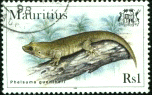 Stamp of Mauritius with a drawing of a Phelsuma guentheri